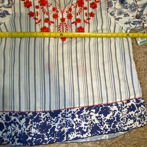 John Mark Tunic Size 0X Bell Ruffle 3/4 Sleeves Embroidered Striped Tas… - Picture 12 of 14